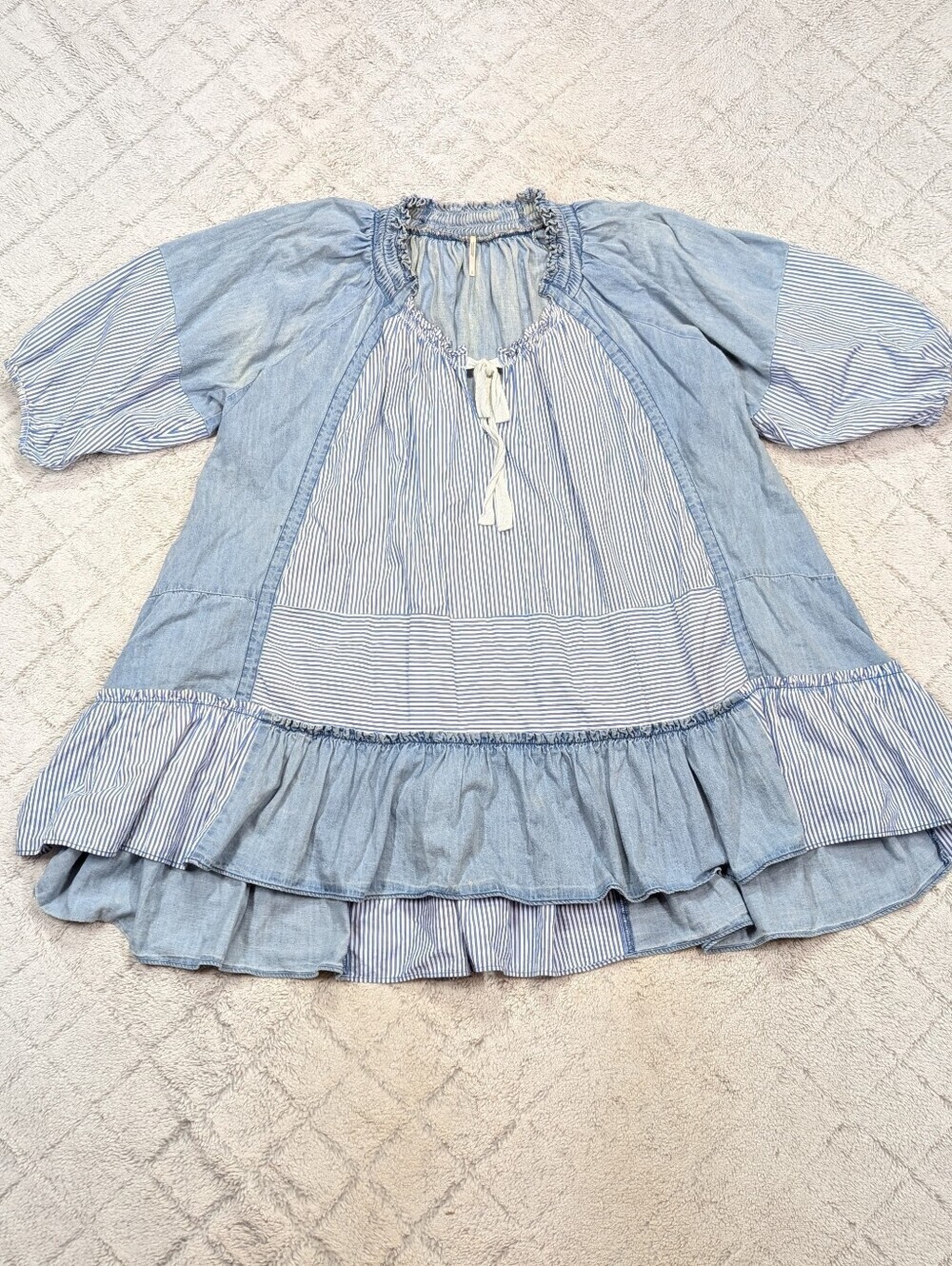Free People Dress Womens S Blue Keegan Tunic Denim Stripe Patchwork Tiered Party